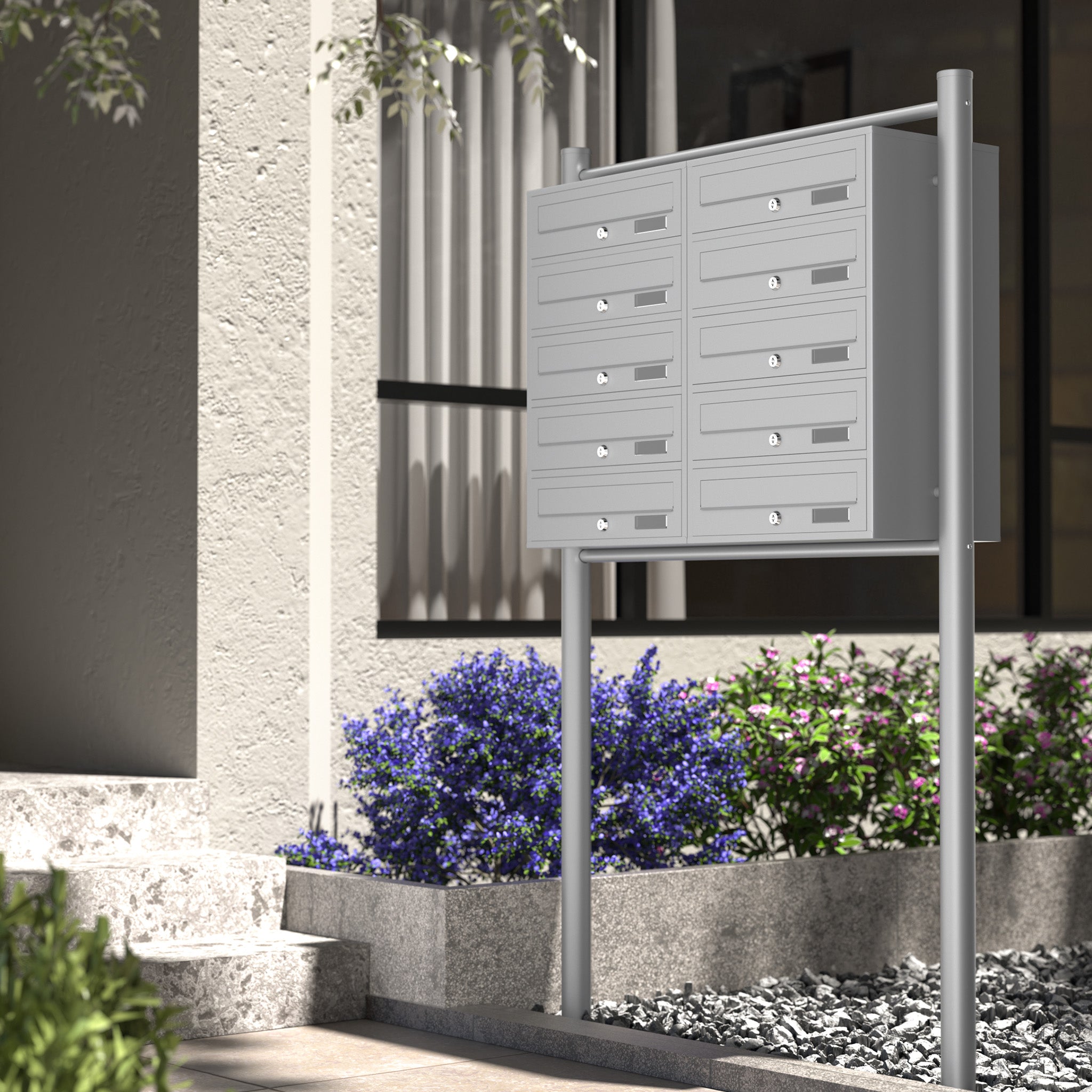 Cassetta postale condominiale autoportante 10 posti, grigio, 2 moduli con supporto a terra