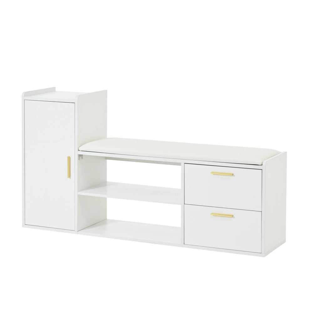 Scarpiera con panca 128x30x68 cm in truciolato bianco con 2 cassetti e ripiani