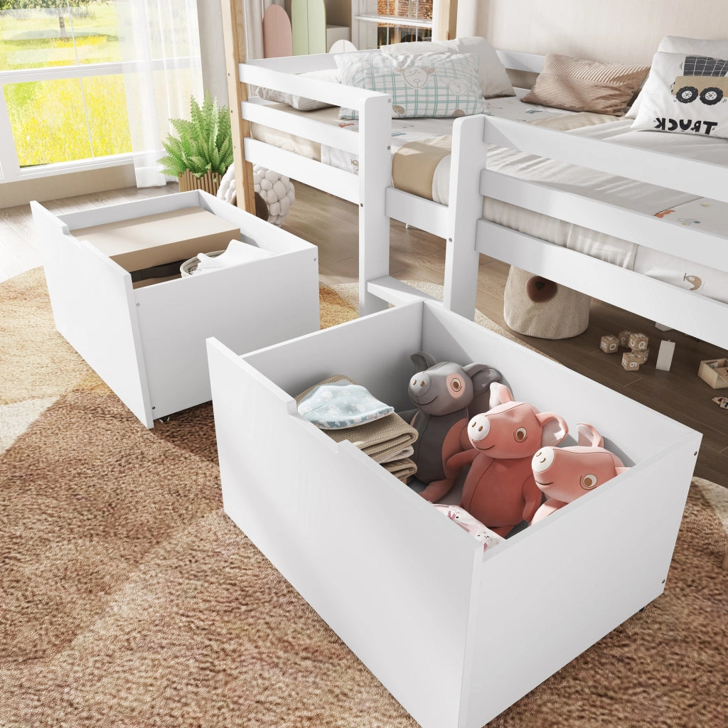 Letto a Soppalco 90x200 cm; Letto Singolo - 2 Armadietti; Scala e Recinzione - Bianco e Naturale