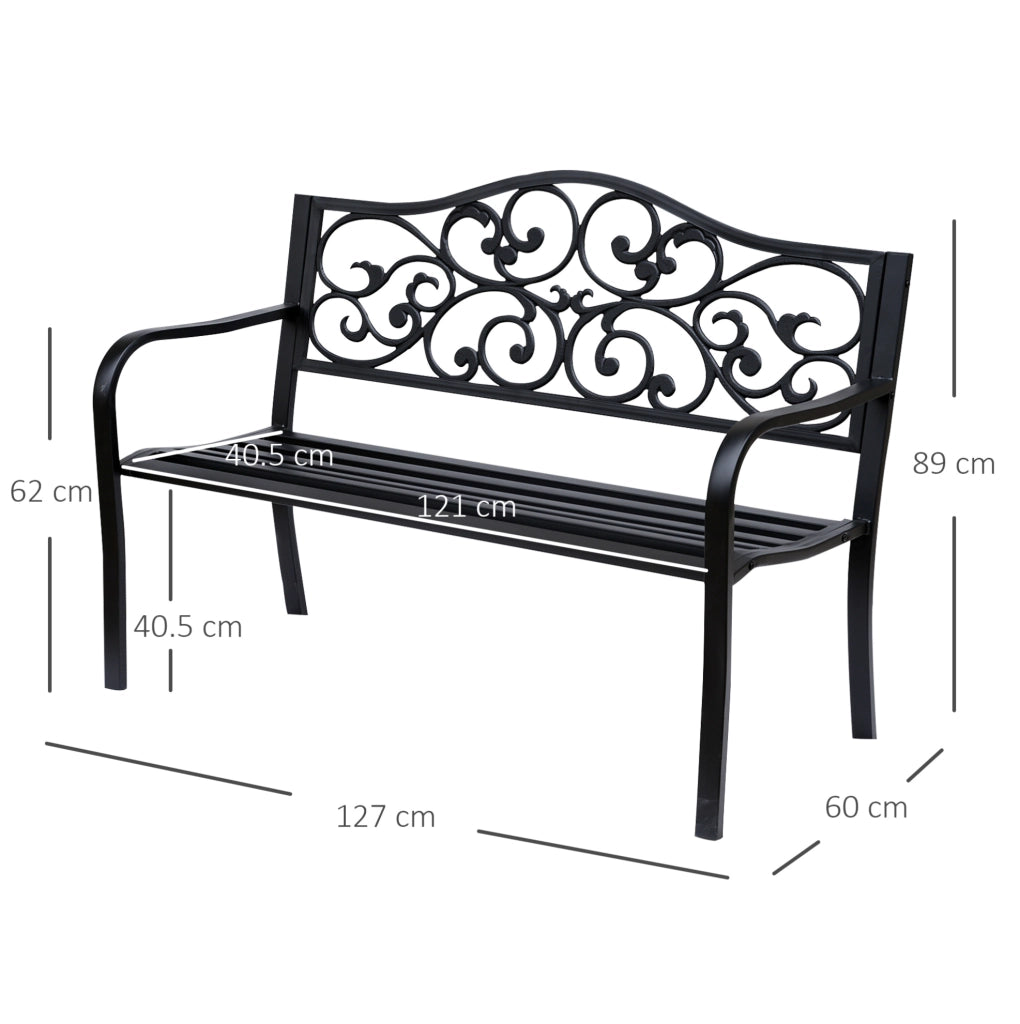 Panchina da giardino 3 posti in acciaio nero; design elegante con schienale alto