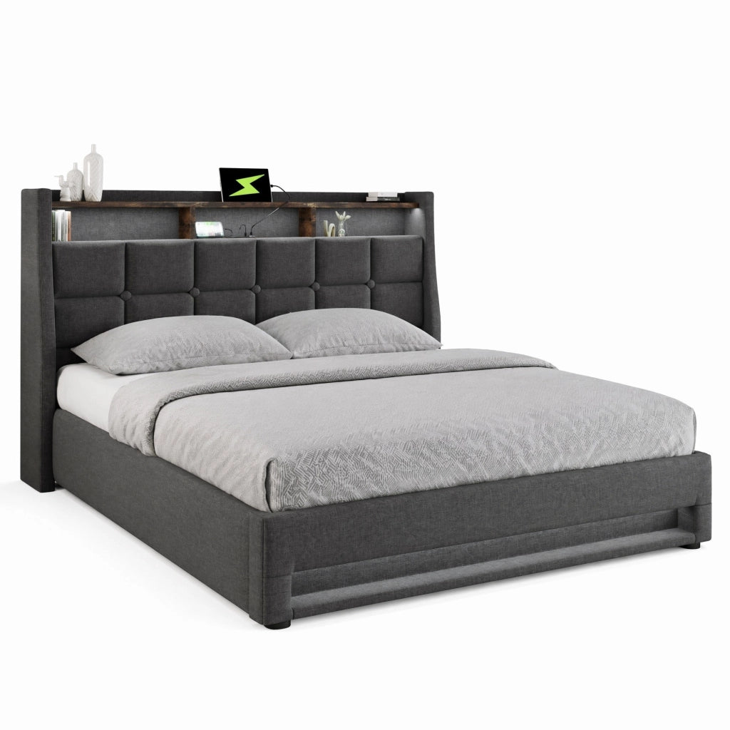 Letto imbottito 140x200 cm con LED, USB e contenitore, effetto vintage, grigio
