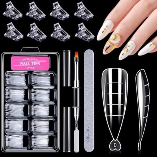 Set di 100 forme in acrilica per estensione di unghie, comprensivo di forme con spazzola, lima e 10 clip per estensione di unghie DIY e arte