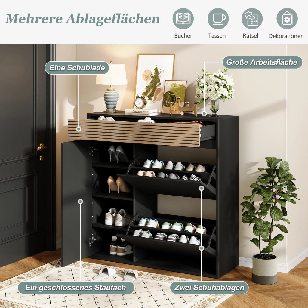 Scarpiere slim con cassetto; 2 ante a ribalta e vano laterale; 100x35x105 cm; nero e legno