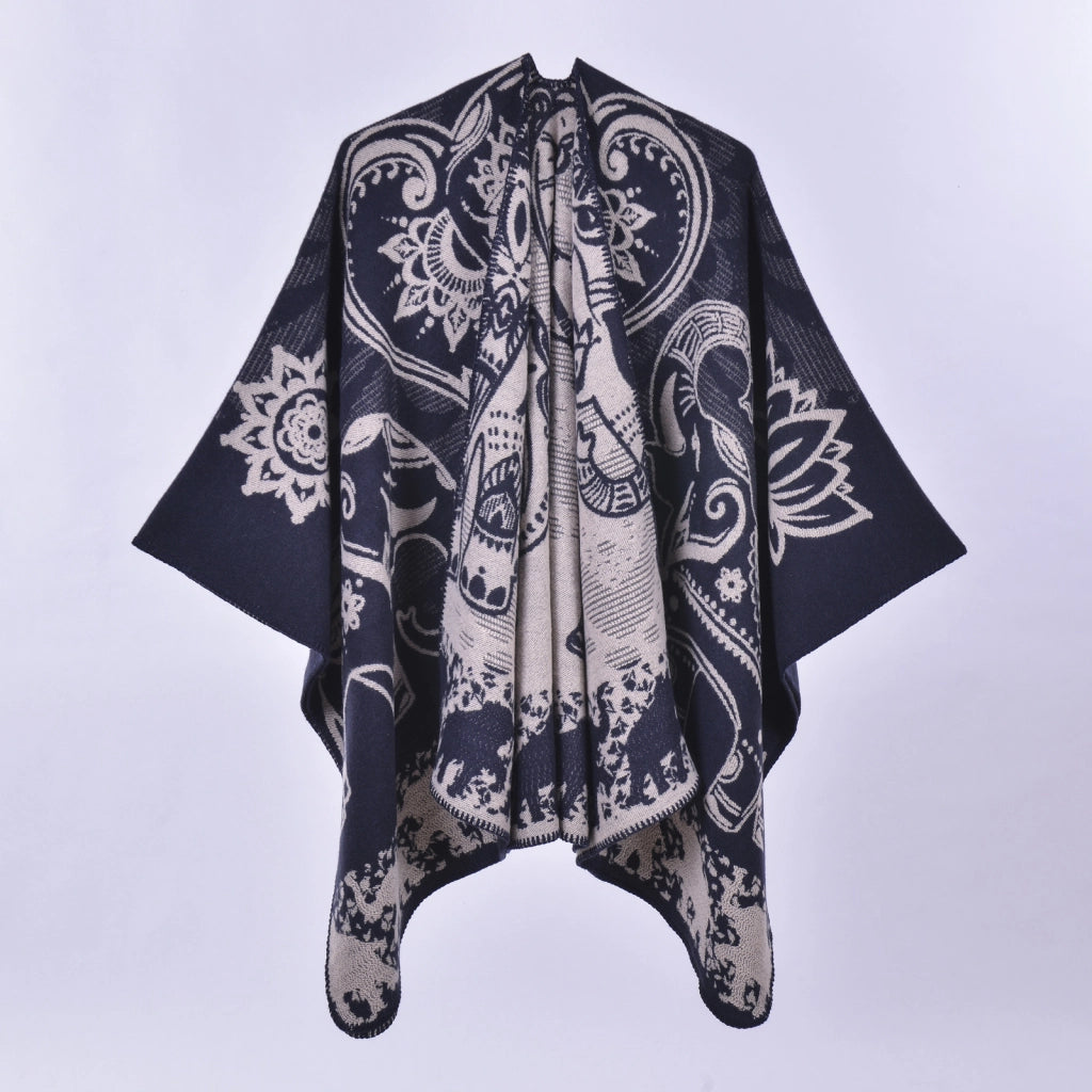 Mantella/scialle da donna vintage con motivo a elefanti e fiori di loto