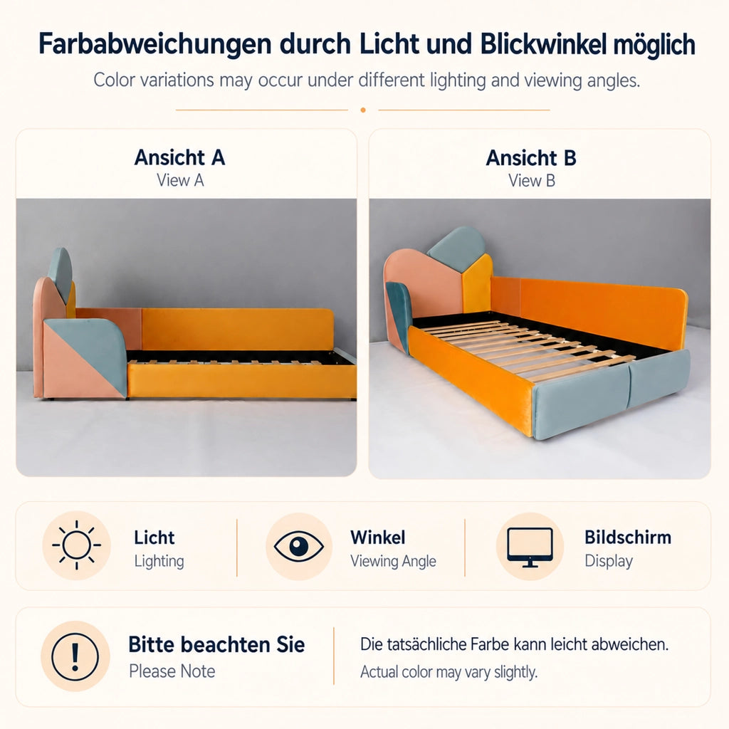 Letto per bambini basso 90 × 200 cm con sponde rialzate, senza materasso, in velluto, blu multicolore