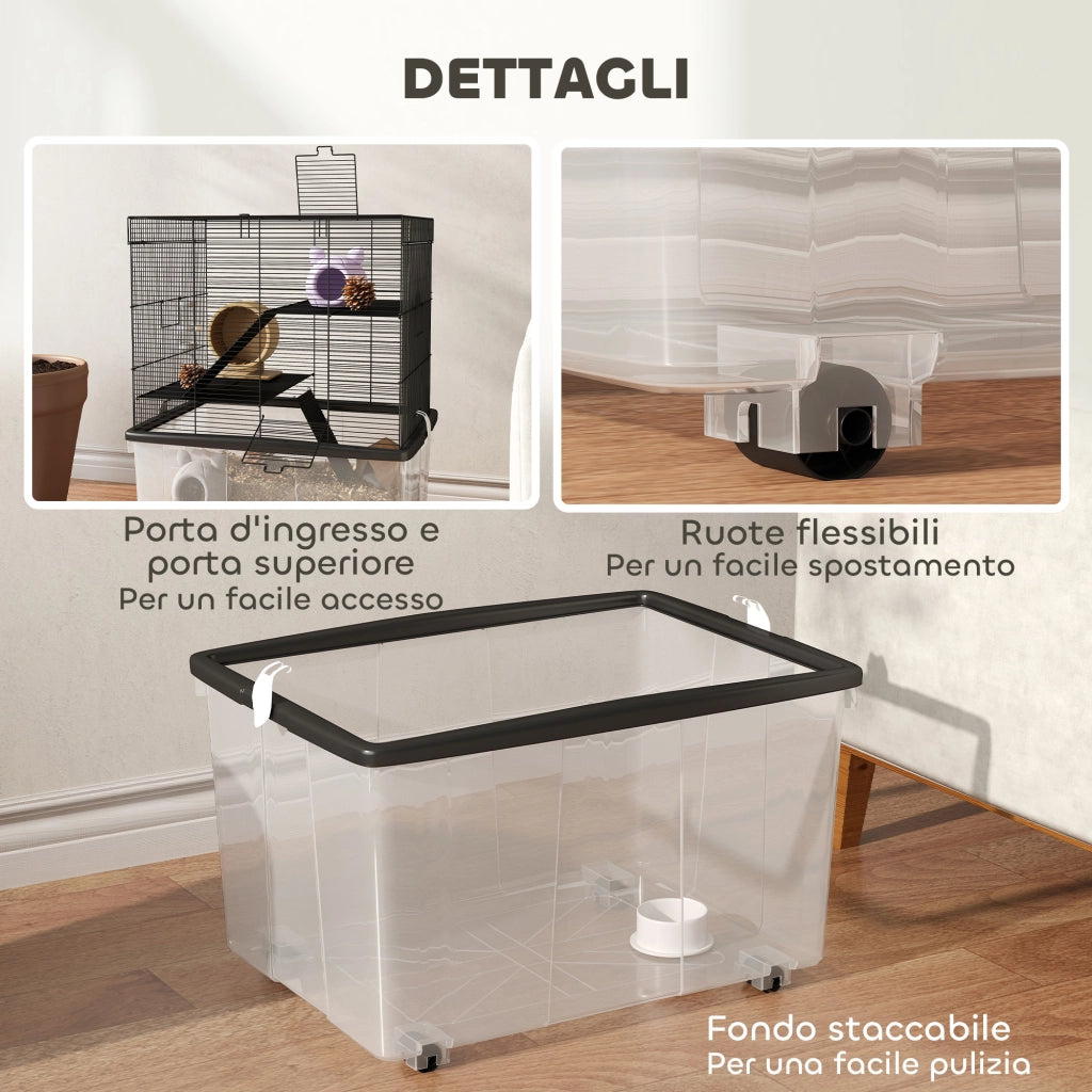 Gabbia per Criceti 3 Piani con Ruote ¨C zephmum ¨C 58x43x74 cm, Nero