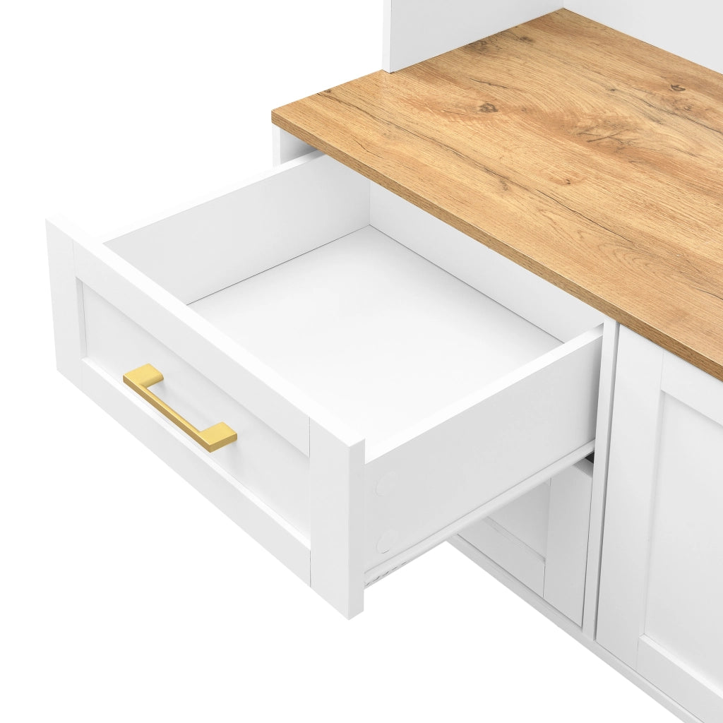 Mobile da ingresso con specchio, ganci, cassetti, ante e illuminazione LED, in MDF bianco e legno