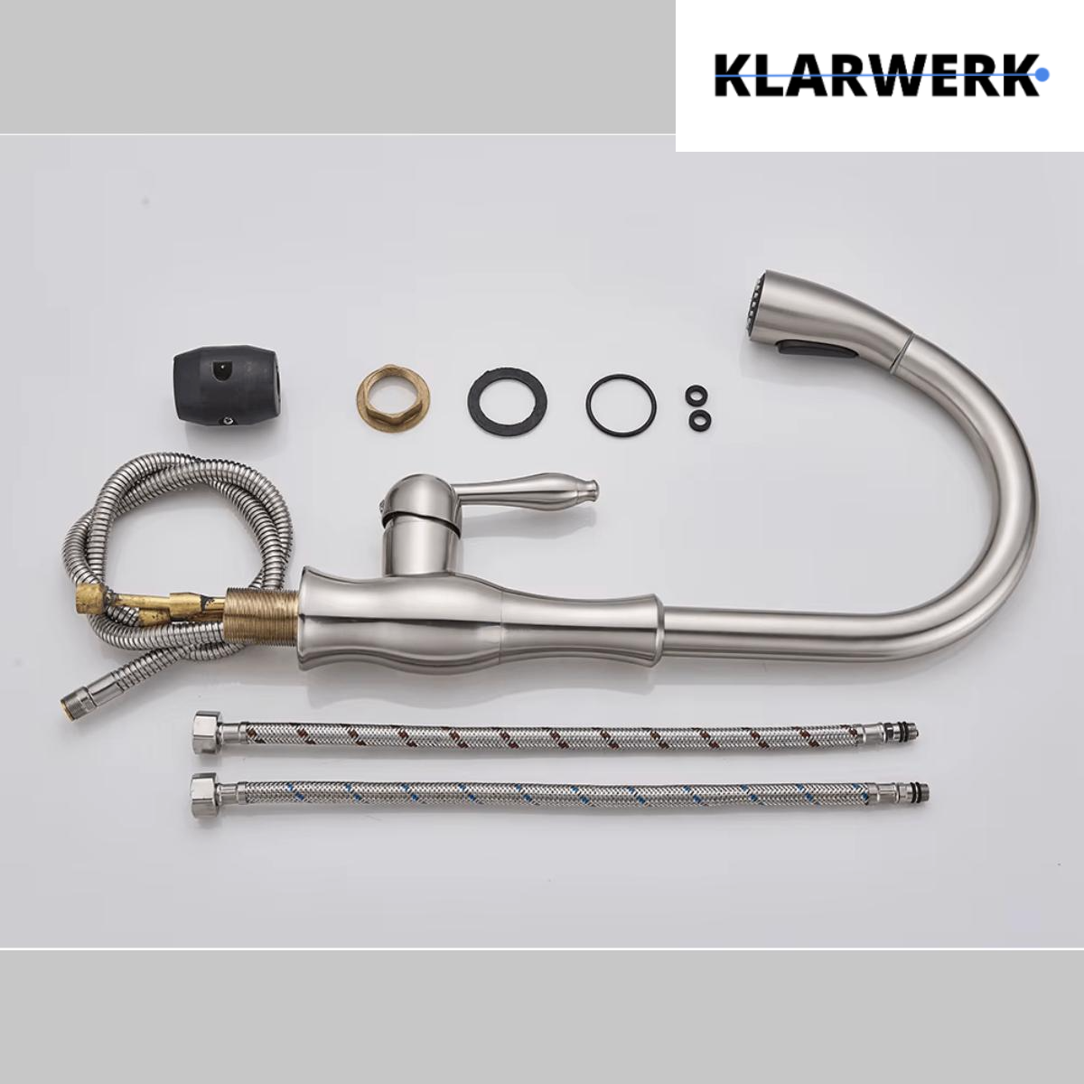 NAVIS | Elegante rubinetto cucina estraibile in acciaio inox argento, arco alto, miscelatore di lusso, alta pressione, 360°, 2 attacchi