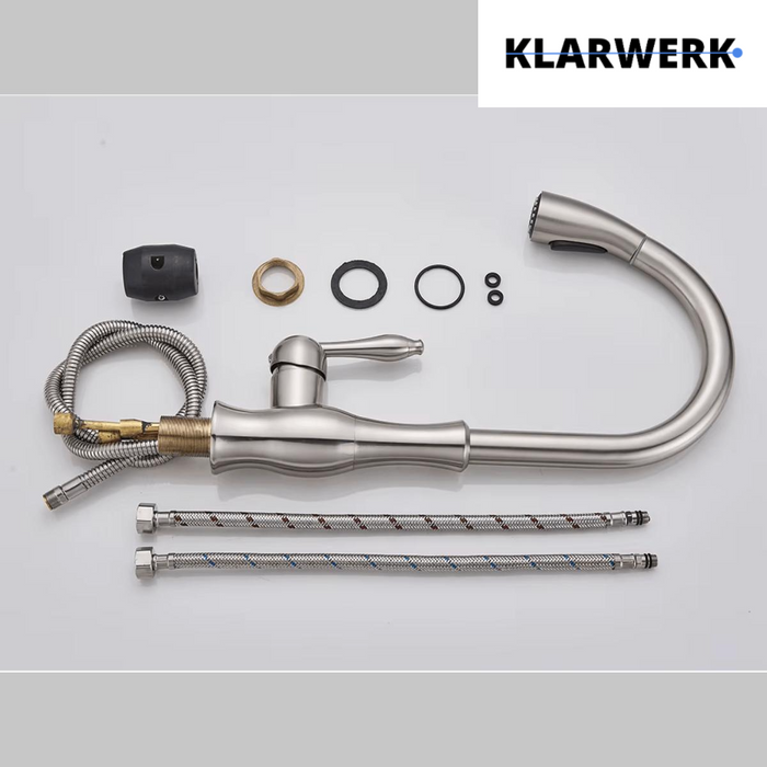 NAVIS | Elegante rubinetto cucina estraibile in acciaio inox argento, arco alto, miscelatore di lusso, alta pressione, 360°, 2 attacchi