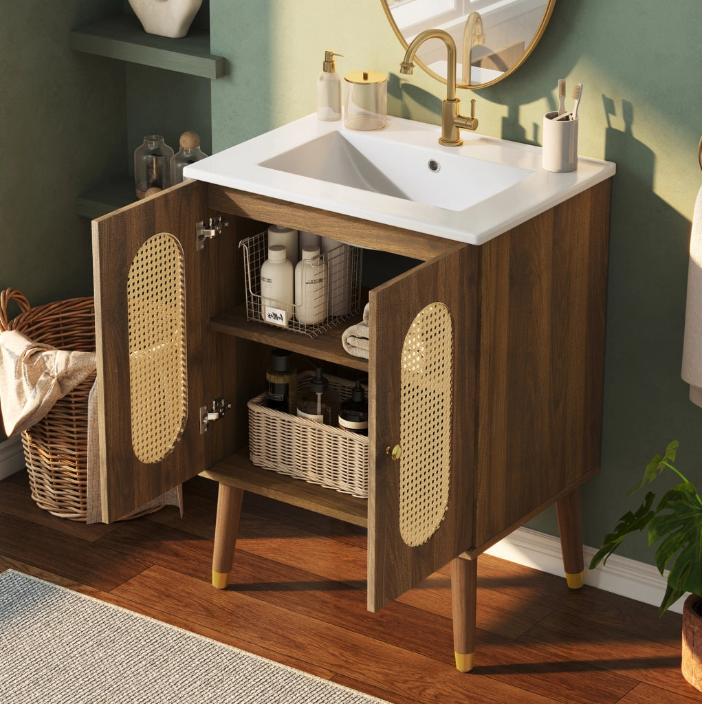 Mobile sottolavabo 61x47x89 cm in MDF e ceramica noce, salvaspazio –