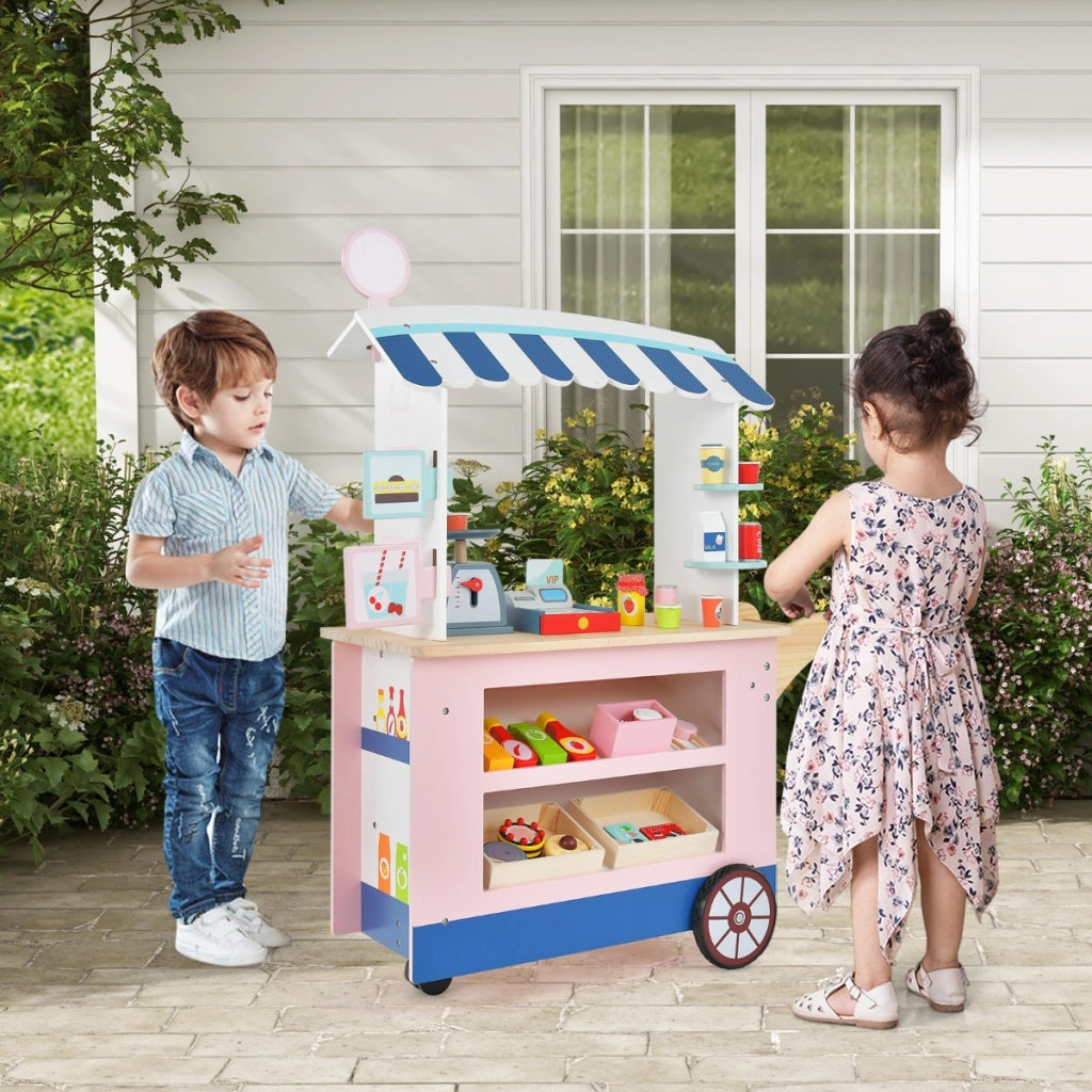 Carrello alimenti per bambini con pos bilancia mensole e ripiani, Supermercato giocattolo con 3 ruote Rosa-Case e cucine giocattoli