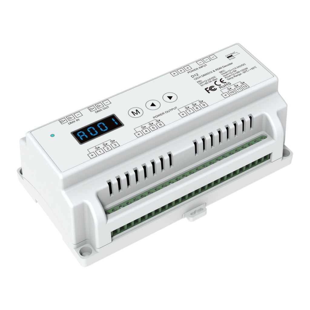 Decoder DMX512 RDM 12 Canali RGB a Tensione Costante, 12-24V DC, 5A per Canale, Totale 60A, PWM 500-32000Hz, Guida DIN, per Strisce LED RGB