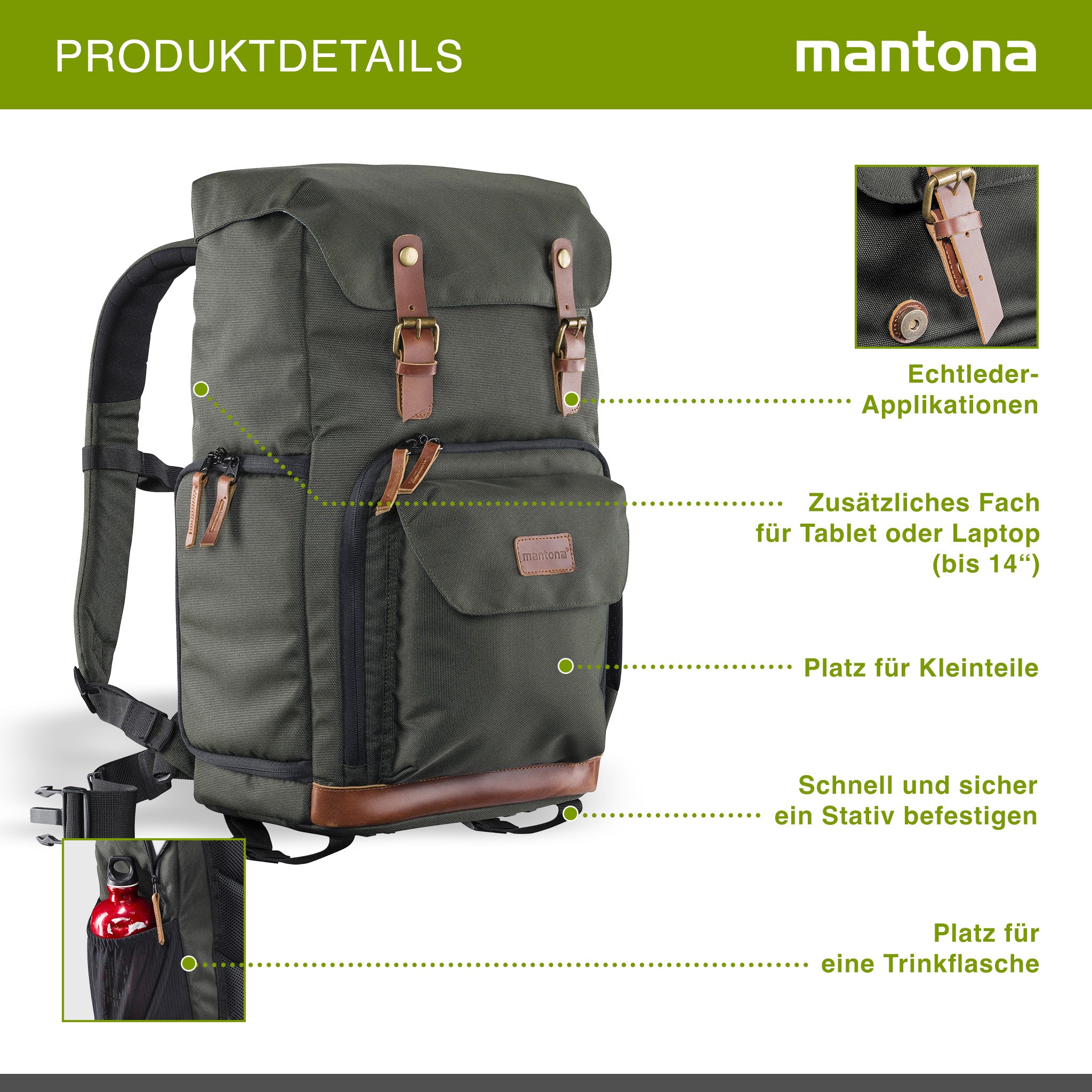 Mantona Luis Retro Zaino fotografico verde, per fotocamera con copertura antipioggia, borsa fotografica con scomparto per laptop, DSLR, 3 obiettivi e accessori fotografici
