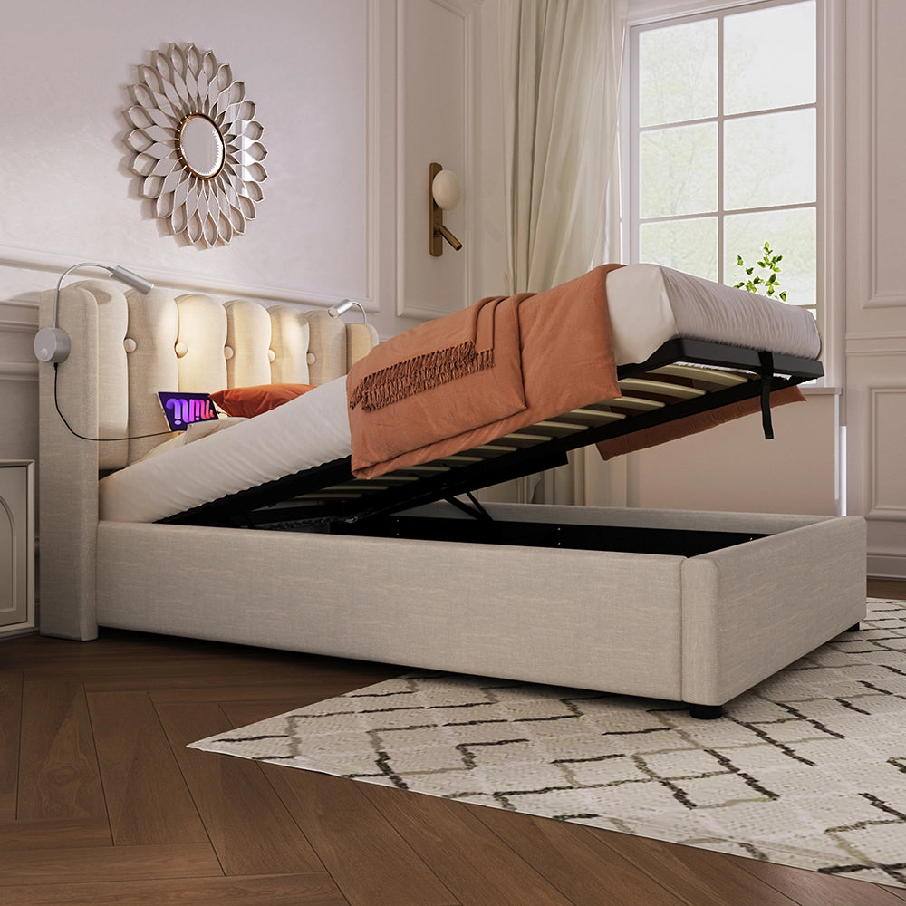 Letto a ribalta singolo con testiera imbottita - Xylo - 90x200 cm - Beige - Spazio di archiviazione