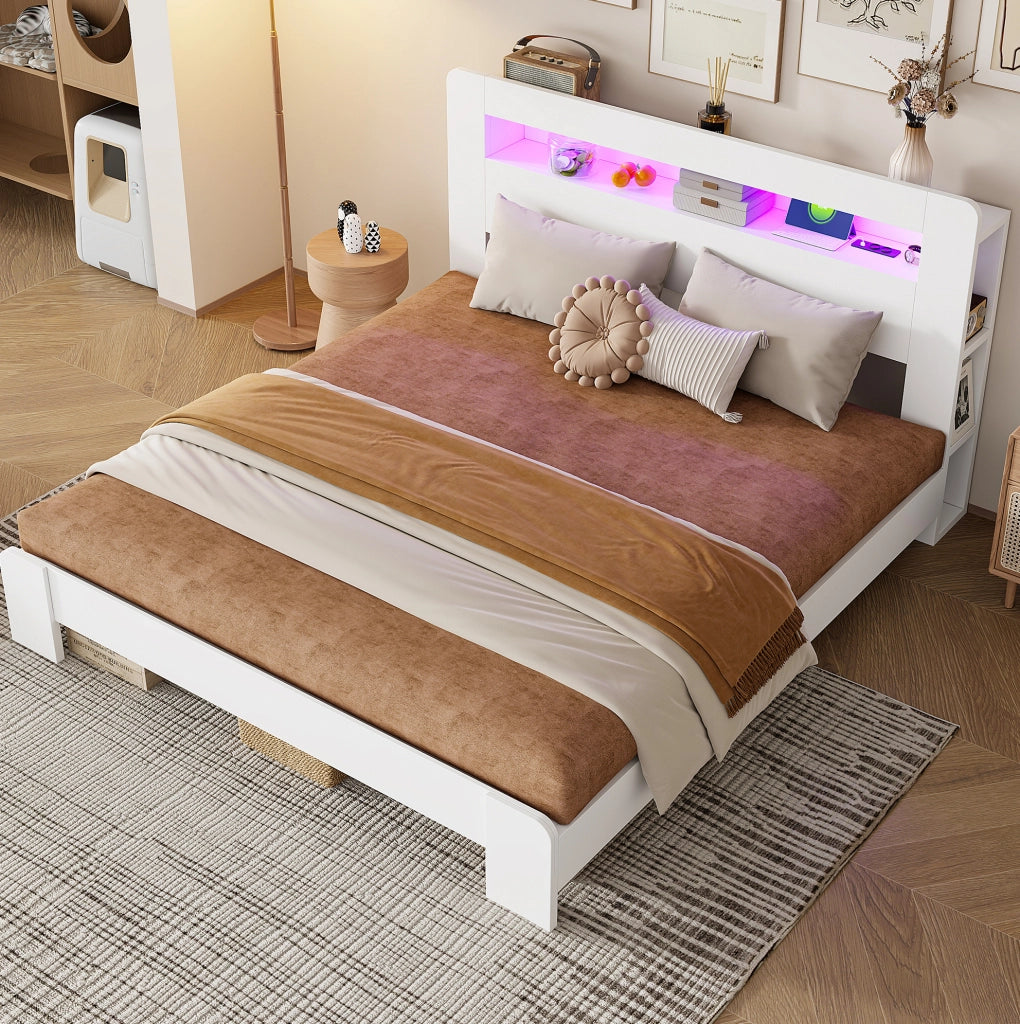 Letto 180x200 cm con contenitore in testiera; LED e prese in legno bianco
