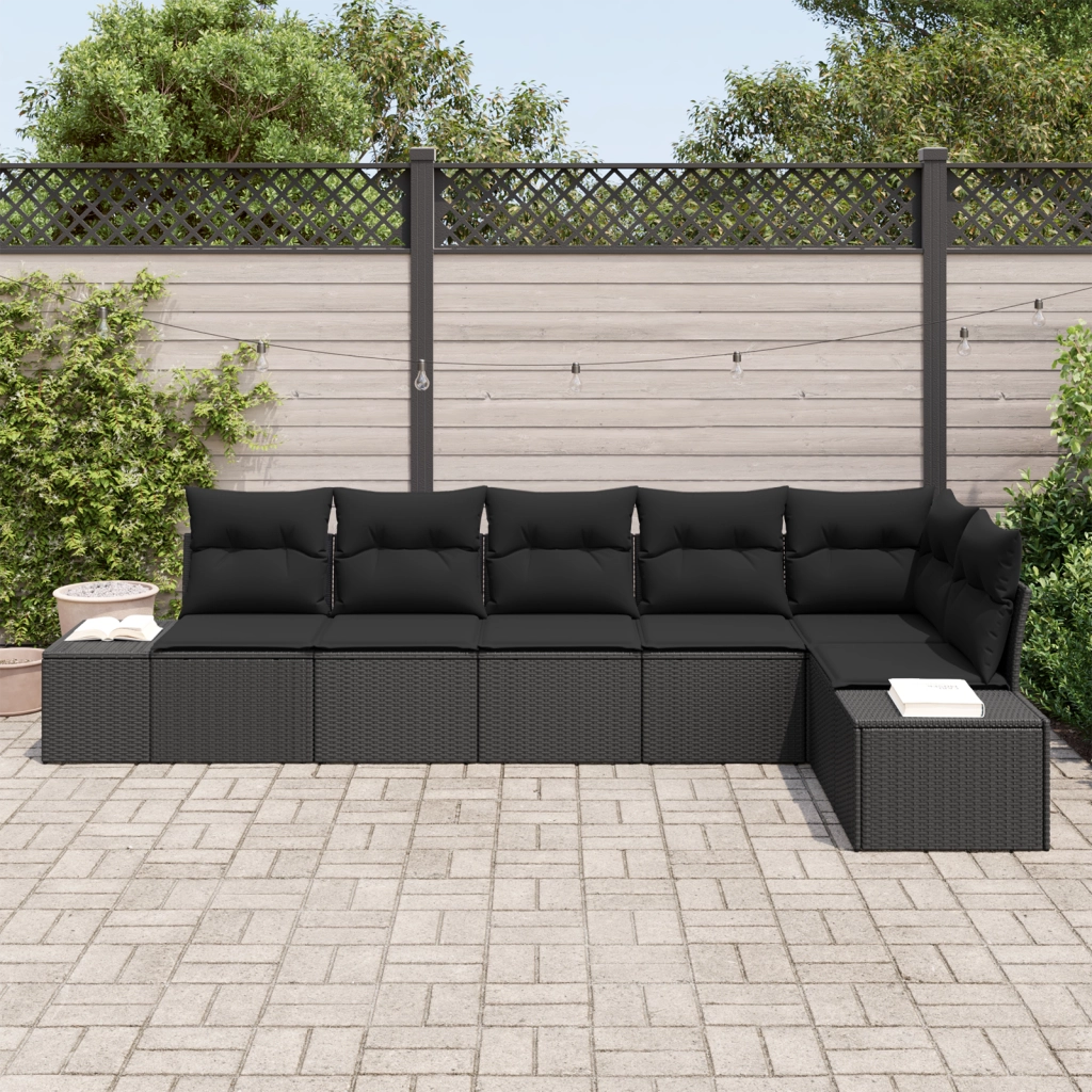 Set di divani da giardino 6 pezzi con cuscini Nero Rattan Polimerico