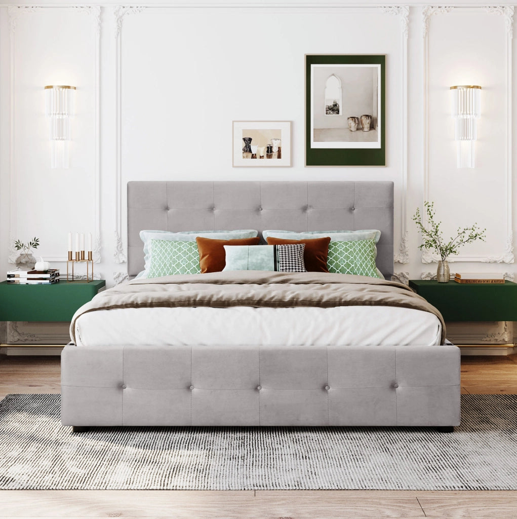 Letto imbottito 140x200 cm con 4 cassetti; testiera e rete a doghe; grigio