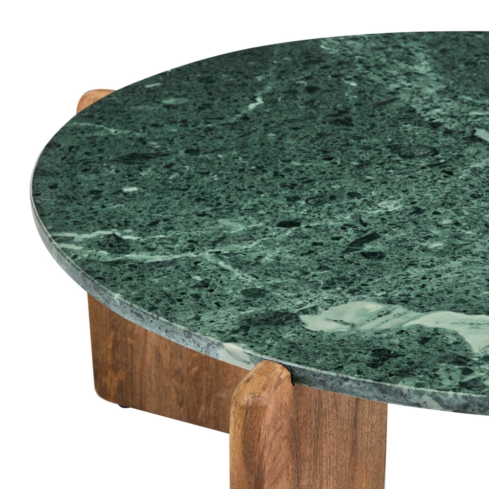 Tavolino con piano in marmo verde scuro e marrone e gambe in legno di mango, 80 cm, stile moderno, rotondo, per soggiorno