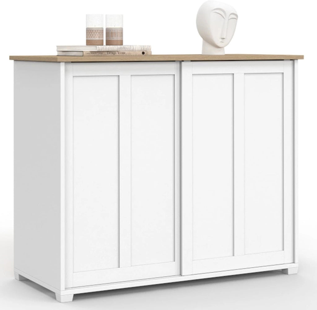 Credenza JANGO 100 cm con 2 ante scorrevoli bianche e piano in legno