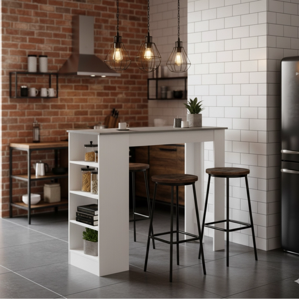 Tavolo snack alto Kivo bianco e cemento con 3 ripiani laterali 112x49.6x103.5H