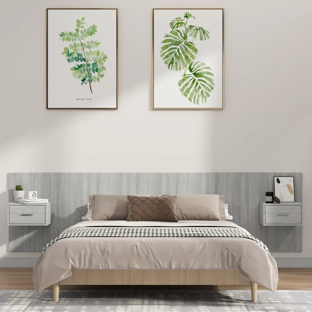 Testiera | Testata Letto con Comodini in Legno Multistrato Grigio Sonoma