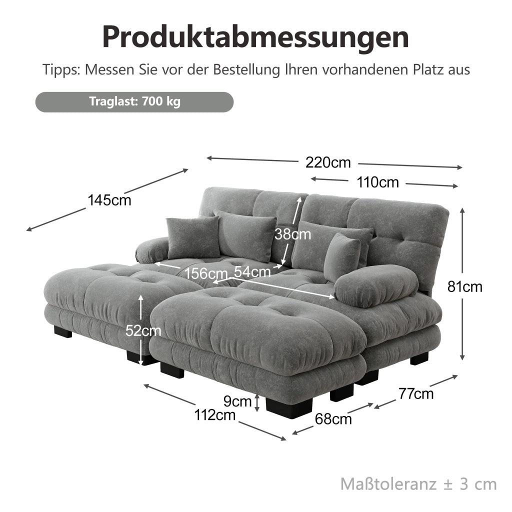 Divano modulare in chenille grigio con pouf mobili e cuscini decorativi, seduta profonda per soggiorno e ufficio