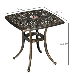 Tavolino da terrazza 54 x 54 x 52,5 cm in alluminio bronzo con foro per ombrellone