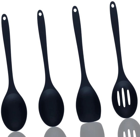 Set di utensili da cucina, 4 pezzi di cucchiai in silicone neri, cucchiaio da servire, cucchiaio in silicone per cucinare, cucchiaio in silicone grande per cucinare, cuocere, mescolare