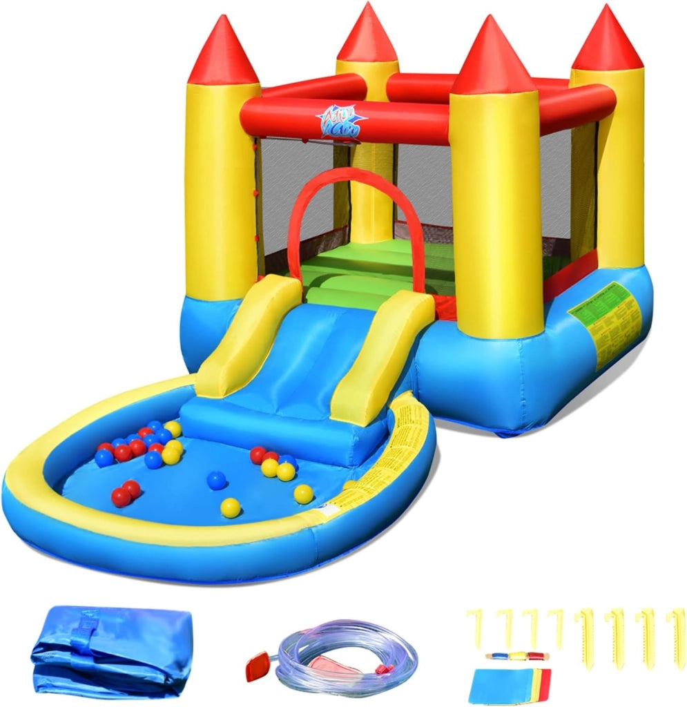 Castello gonfiabile per bambini, Con Scivolo ad Acqua, Trampolino e Piscina, per 2 Bambini di 3-5 Anni, Con Borsa di Trasporto e Kit di Riparazione, 365 x 200 x 190 cm (Senza soffiatore)