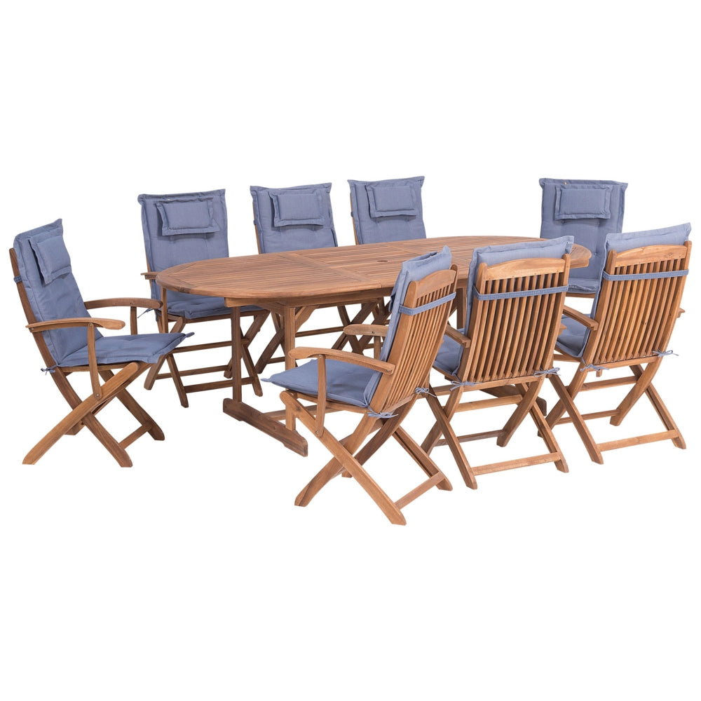 Set da pranzo per esterni in legno di acacia chiaro con cuscini blu tavolo a 8 posti sedie pieghevoli design rustico