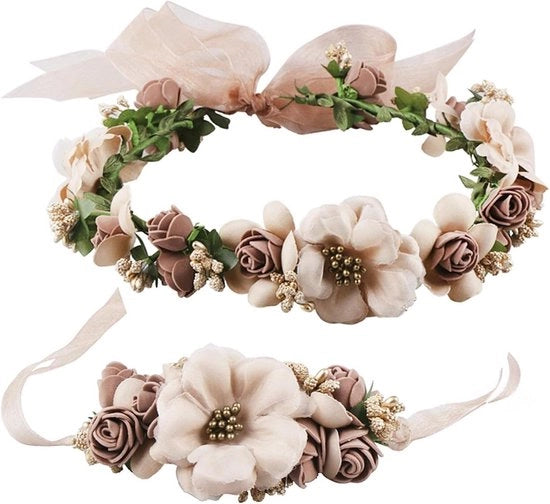 Corona di fiori per donne e ragazze - Tiara con fascia di fiori per sposa, fotografia, matrimonio e festival - Colore moka/miele - Taglia M