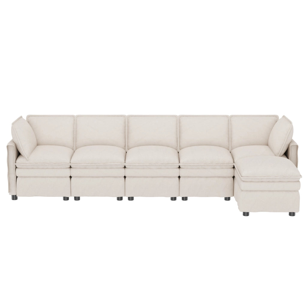 Divano modulare 6 posti in ciniglia beige con pouf