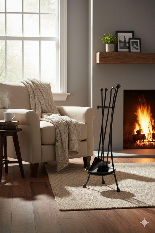 Trespolo per Attrezzi Camino a Bacinella con Paletta Scopino Attizzino e Pinza 22x22x65 cm in Ferro Verniciato Grigio