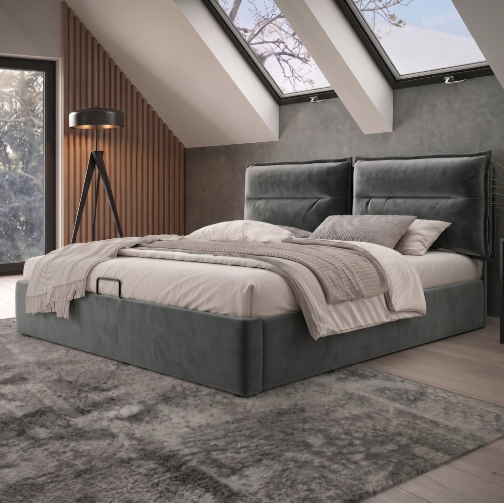 Letto matrimoniale imbottito 140x200 cm con contenitore e testiera regolabile