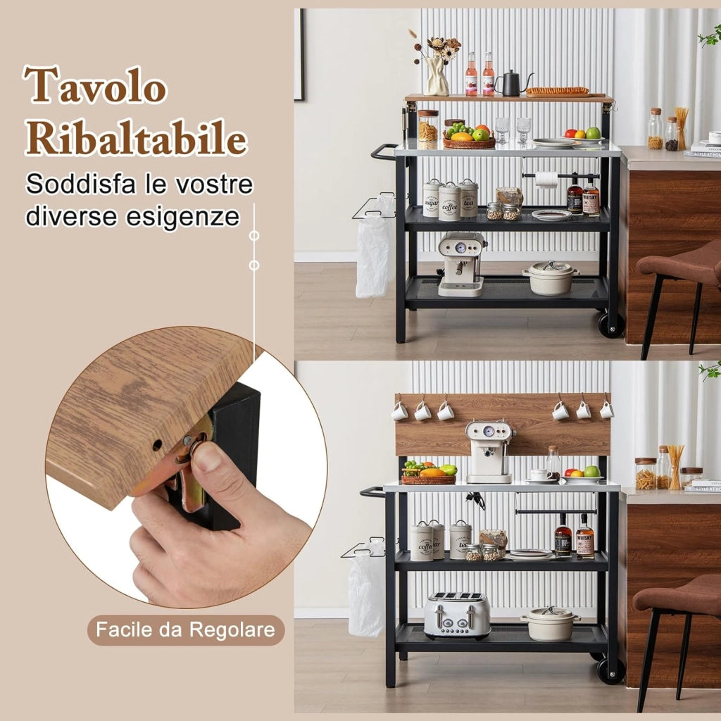 Carrello per Barbecue con 3 Ripiani e Tavola Ribaltabile, Carrello da Cucina con Ruote e 6 Ganci, Carrello Porta Griglia Multiuso in Ferro Zincato, per Interno ed Esterno, 116 x 55 x 130 cm