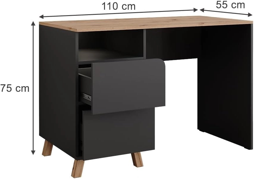 Tavolo da toilette Karen, Antracite/Artisan, 110 cm con cassetti, Materiali robusti per un utilizzo duraturo
