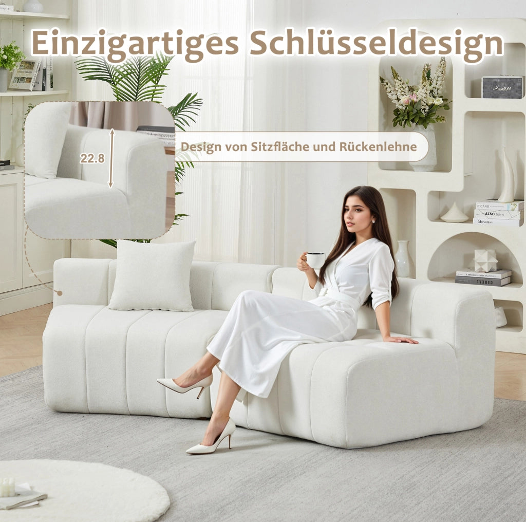 Divano modulare curvo in ciniglia beige con 2 cuscini