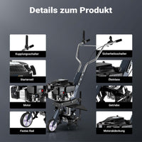 Motozappa a scoppio, fresa a scoppio, larghezza di lavoro 36 cm, profondità di lavoro 25 cm, motore a benzina a 4 tempi, 2,5 kW, 144cc , 4 set di lame