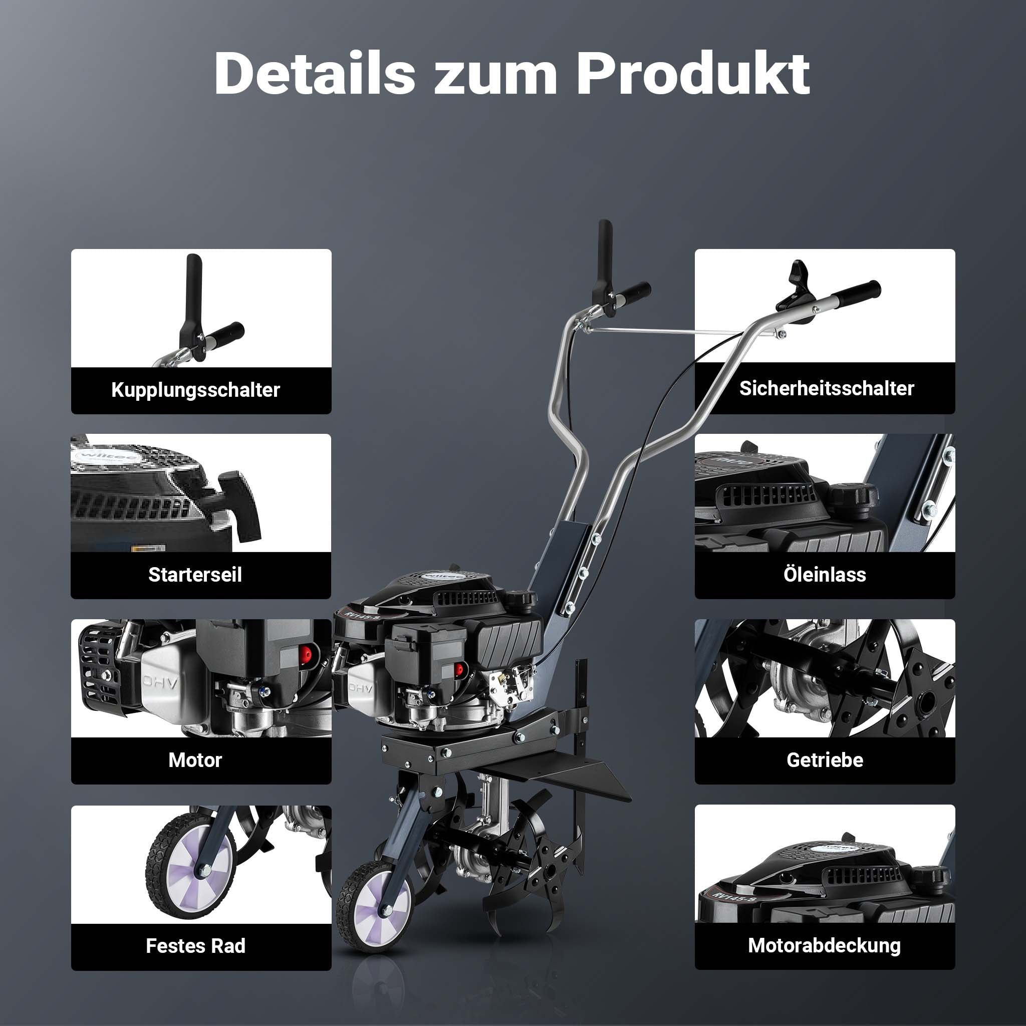 Motozappa a scoppio, fresa a scoppio, larghezza di lavoro 36 cm, profondità di lavoro 25 cm, motore a benzina a 4 tempi, 2,5 kW, 144cc , 4 set di lame