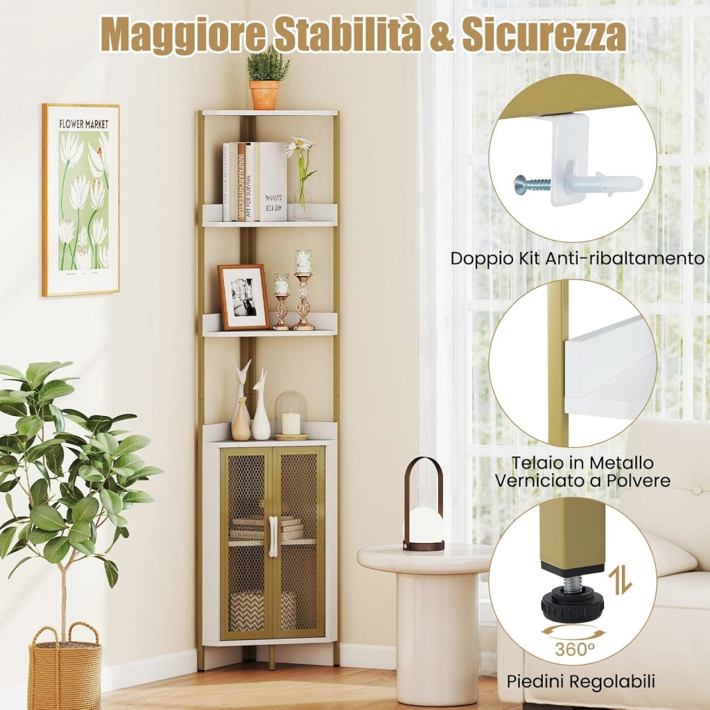 Scaffale Angolare a 6 Ripiani, Libreria Alta 170 cm con Armadietto, Scaffale Industrial per Libri con Ante, Multiuso per Soggiorno, Camera da Letto (Bianco)