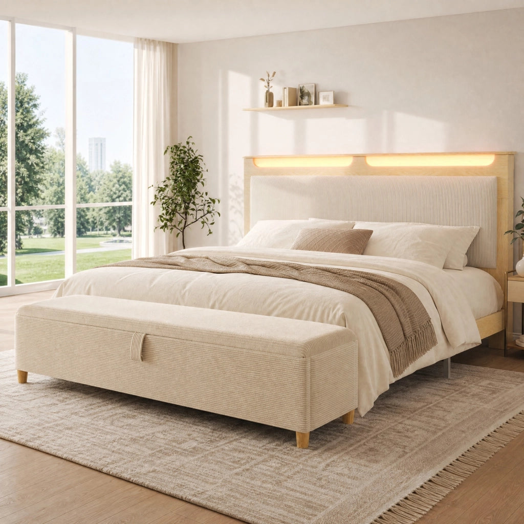 LETTO 160x200 cm in legno e corduroy beige con LED e panca contenitore