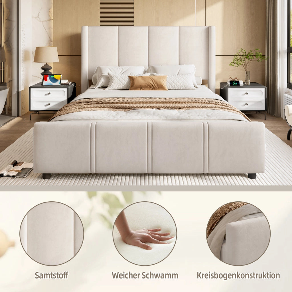 OKWISH Letto Imbottito 140×200 cm, Letto Matrimoniale con USB e Tipo C, Testiera Alta, senza Materasso, in Velluto, Beige