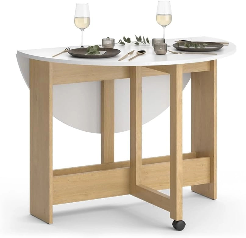Tavolo da pranzo Rondo, Quercia dorata/bianco, 100 x 100 cm Pieghevole, con ruote e funzione estraibile per dimensioni del tavolo flessibili