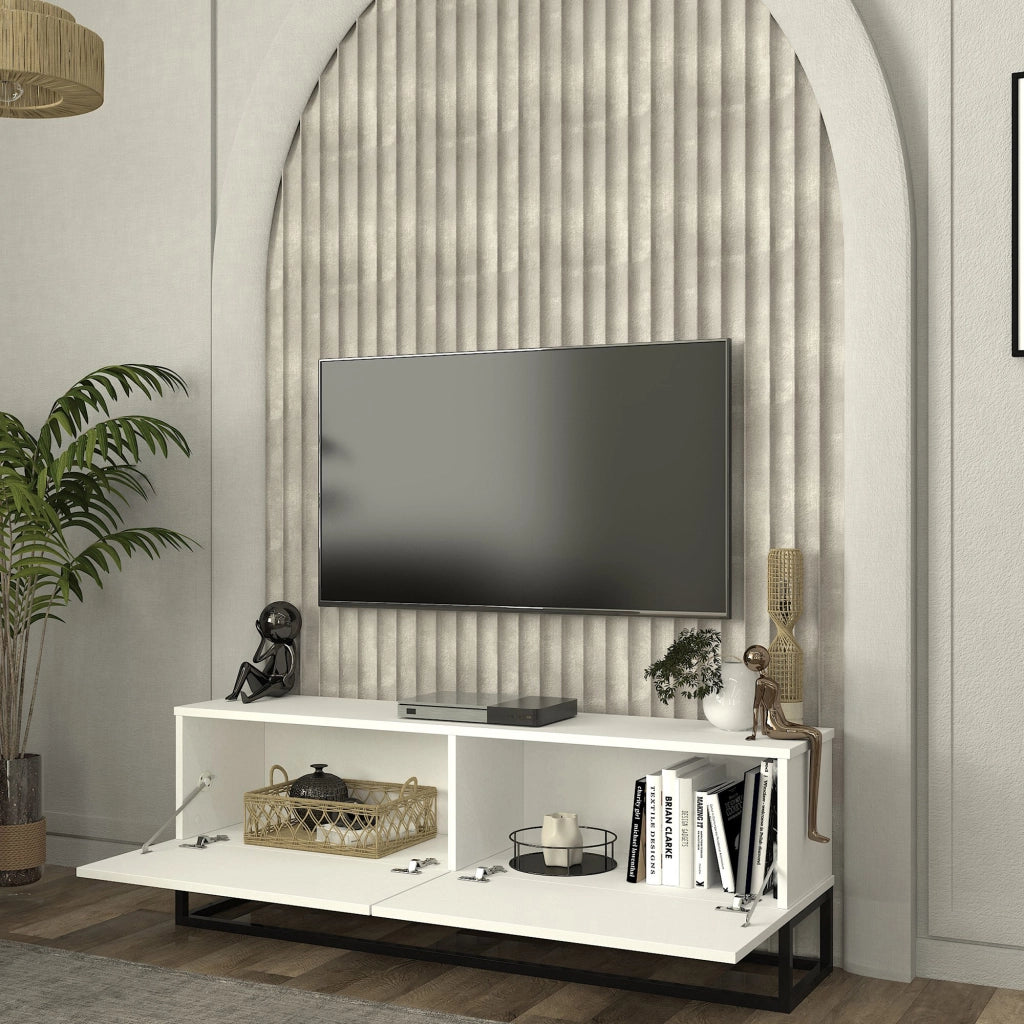 Mobile Porta TV Nolven a 2 Ante Ribalta e Telaio Lungo in Metallo 135x32x47 cm - Bianco [en.casa]