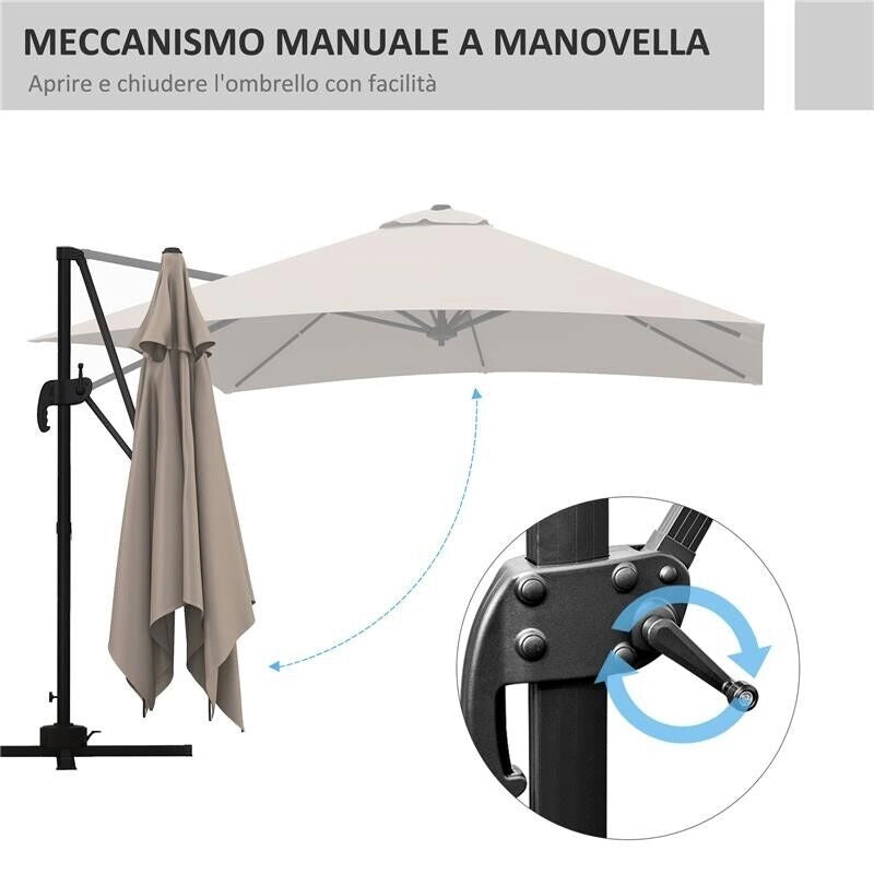 OMBRELLONE 3X3 M A BRACCIO CON 8 STECCHE, PEDALE E MANOVELLA, IN ALLUMINIO E POLIESTERE, COLOR KHAKI