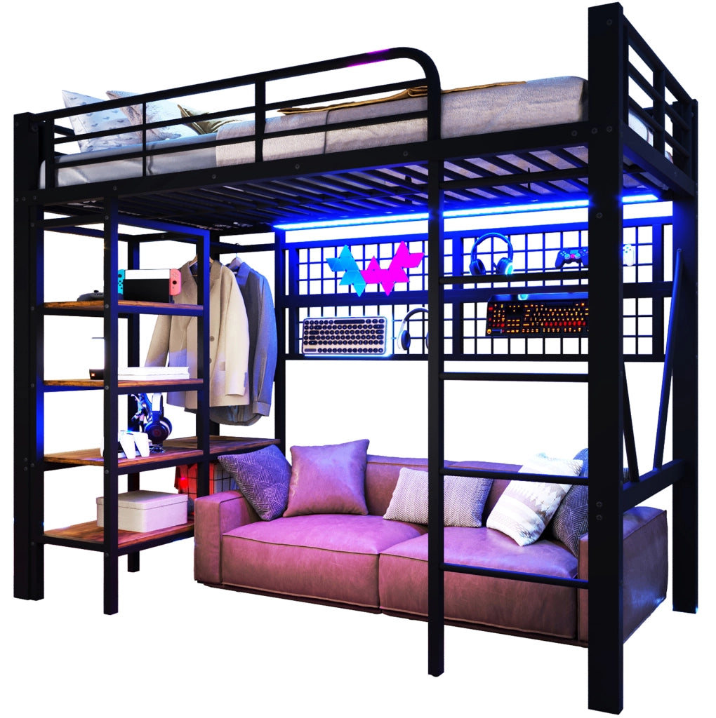 Letto a soppalco 90x200 cm con LED, vano e rete, nero