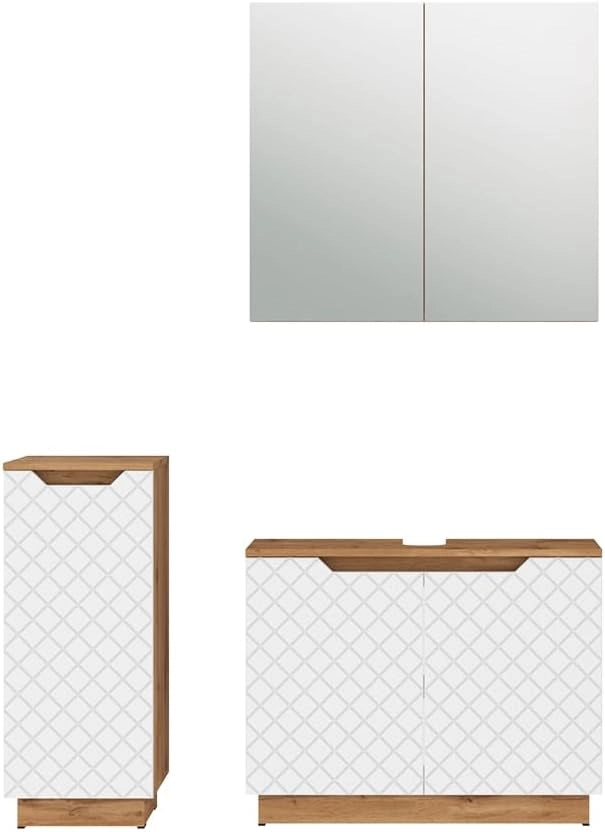 Set di mobili da bagno Lotta, Rovere/bianco con struttura in piastrelle, 3 parti