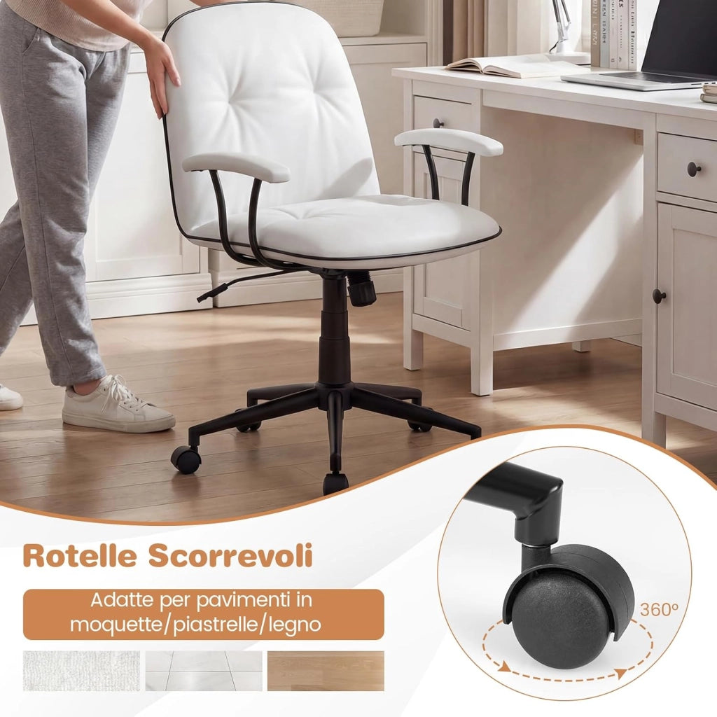 Sedia Ufficio Ergonomica con Altezza Regolabile, Poltrona Scrivania Girevole, Sedia con Braccioli Imbottiti e Ruote, Funzione Dondolo, per Ufficio Scrivania Studio (Bianco)