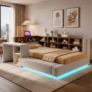 Letto imbottito 90x200 cm con contenitore; LED; prese integrate e comodino; grigio chiaro