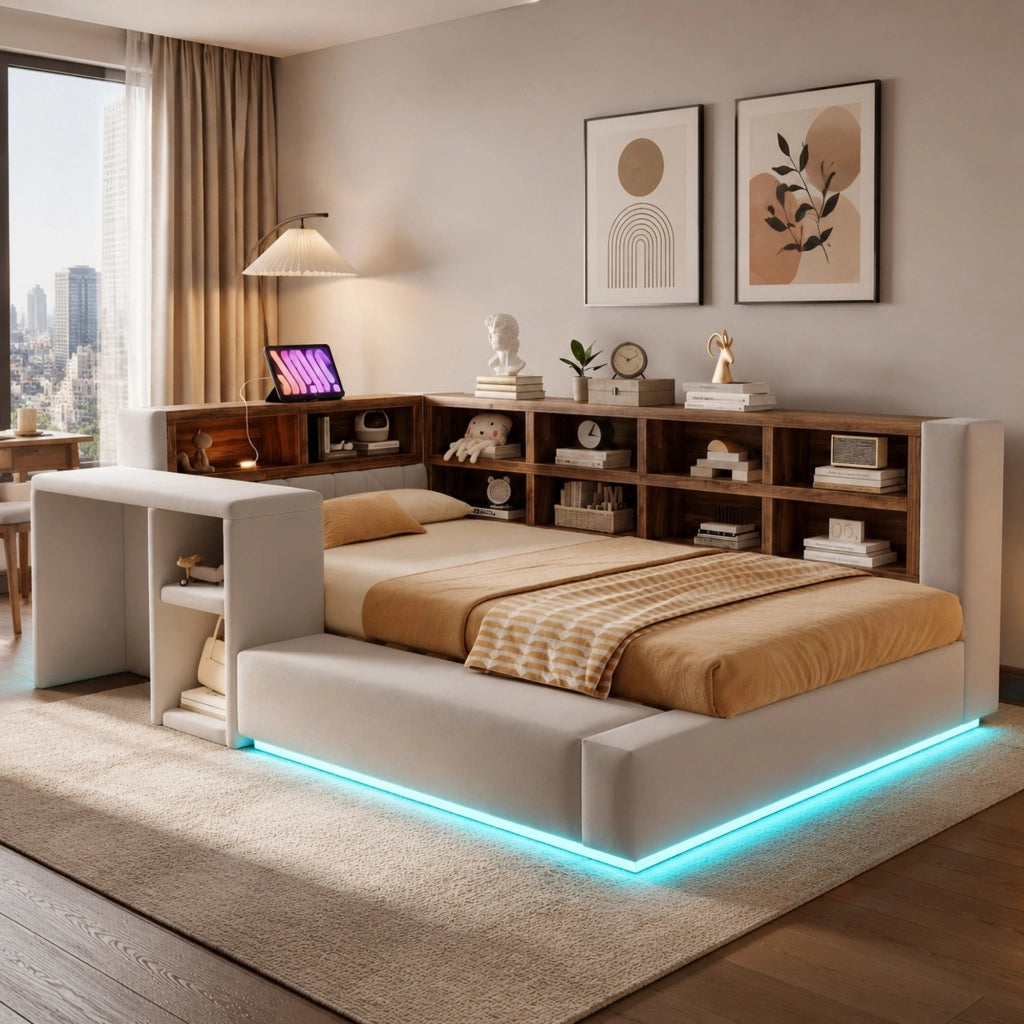 Letto imbottito 90x200 cm con contenitore; LED; prese integrate e comodino; grigio chiaro